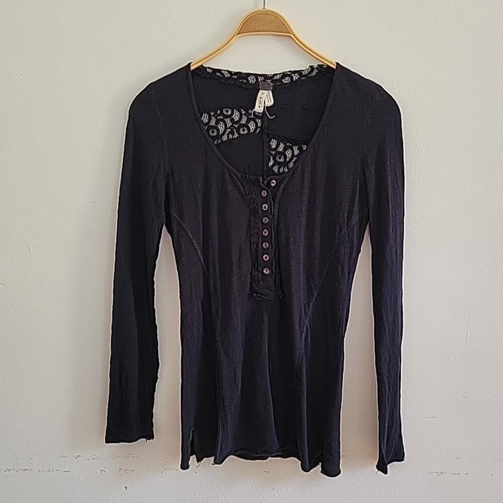 We The Free Vintage 90s Y2K Navy Blue Cotton Half Button T Shirt Casual‎ Retro